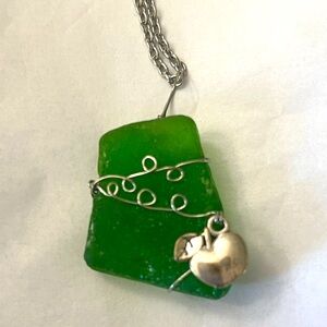 Genuine Green, Wire Wrapped Sea Glass Pendant Necklace with Charm